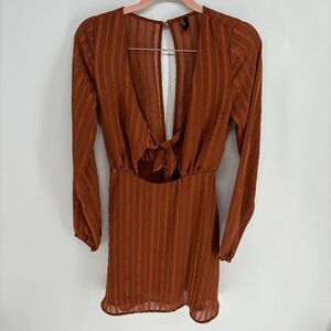 Storia Mini Women Burnt Orange preowned long sleeve tie front stripe dress Small